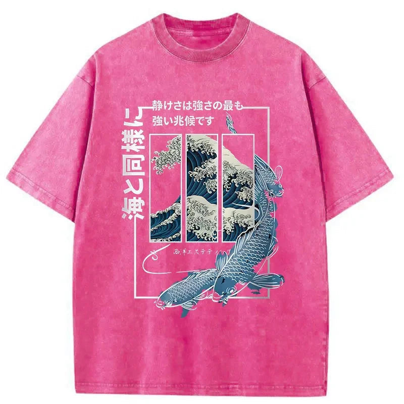 Ukiyoe Waves And Fish Washed Vintage T-Shirt