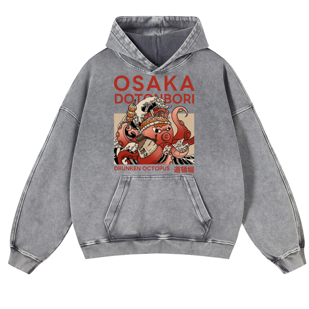Osaka Dotonbori Drunken Octopus Vintage Washed Thick Cotton Hoodie