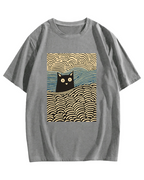 Wave Japanese Cat Art Cotton Casual T-shirt