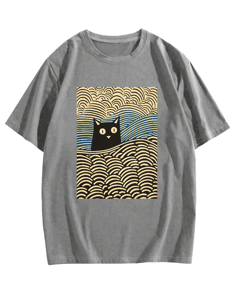 Wave Japanese Cat Art Cotton Casual T-shirt