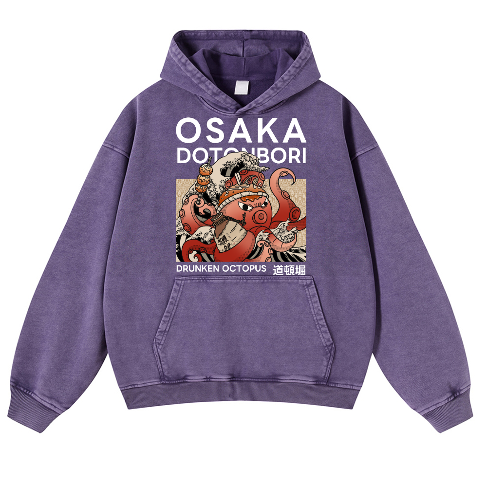 Osaka Dotonbori Drunken Octopus Vintage Washed Thick Cotton Hoodie