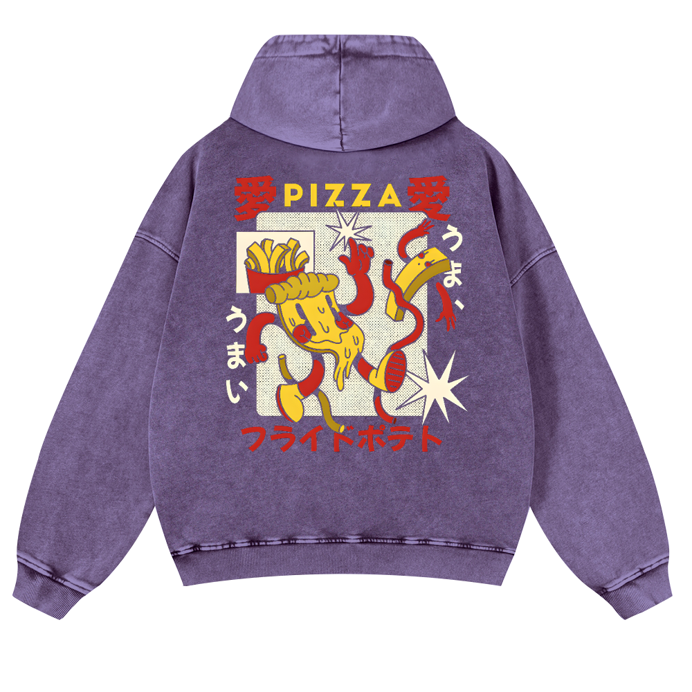 Japanese Pizza and French Fries Vintage Washed Cotton Back Art Hoodie