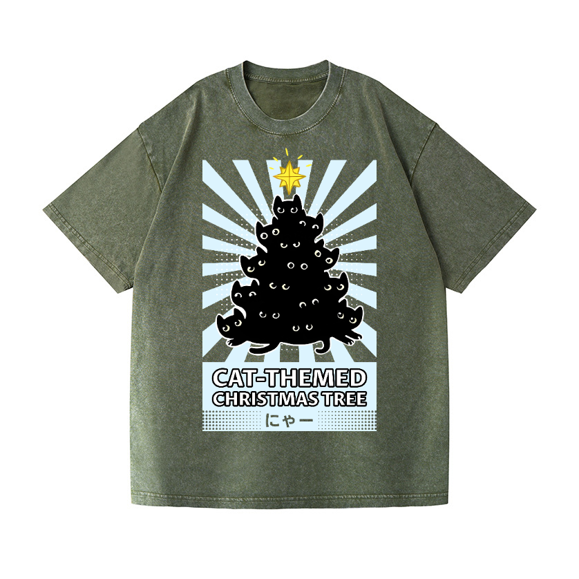 Cat-Themed Christmas Tree Vintage Wash Japanese Design T-Shirt