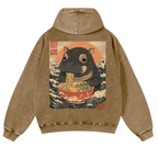 Hippo Ramen Ukiyoe Vintage Washed Cotton Back Art Hoodie