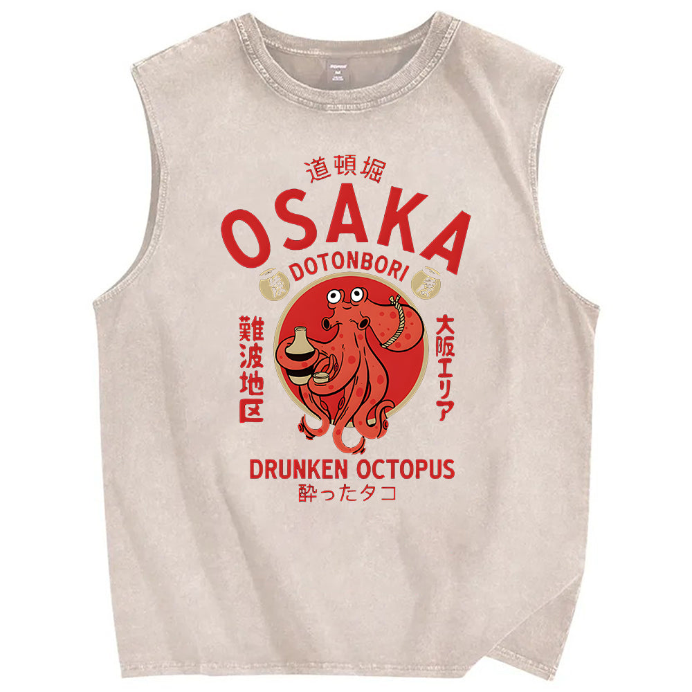 Unisex Osaka Octopus Printed Washed Tank Top