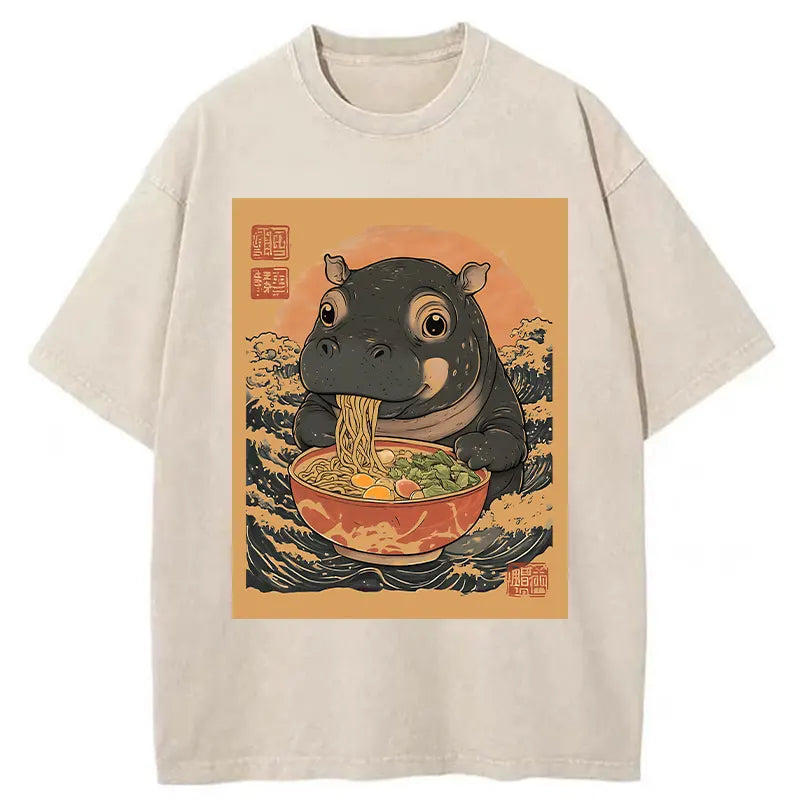 Moo Deng Eat Ramen Washed T-Shirt