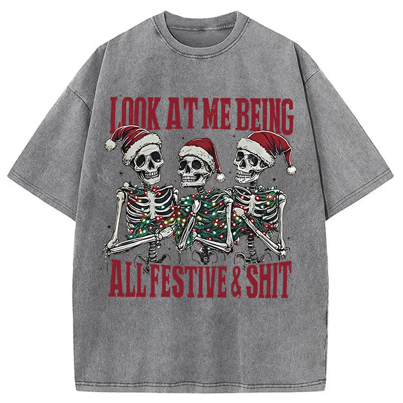 Funny Christmas Skull Washed T-Shirt