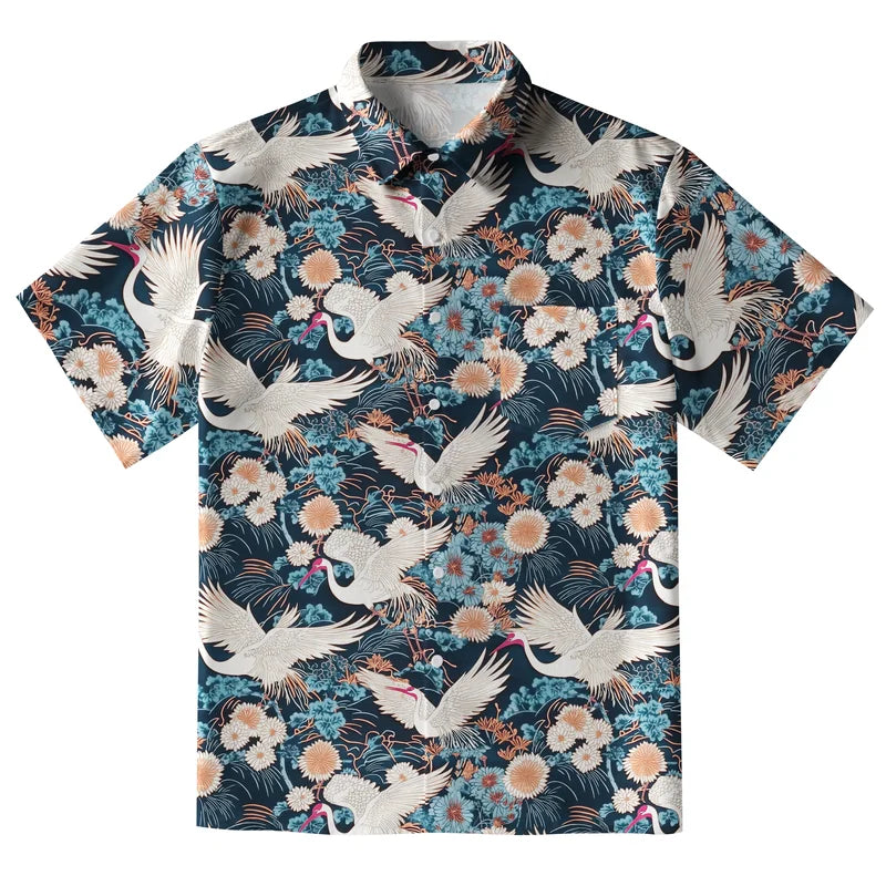 Cranes And Chrysanthemums Button-up Shirt