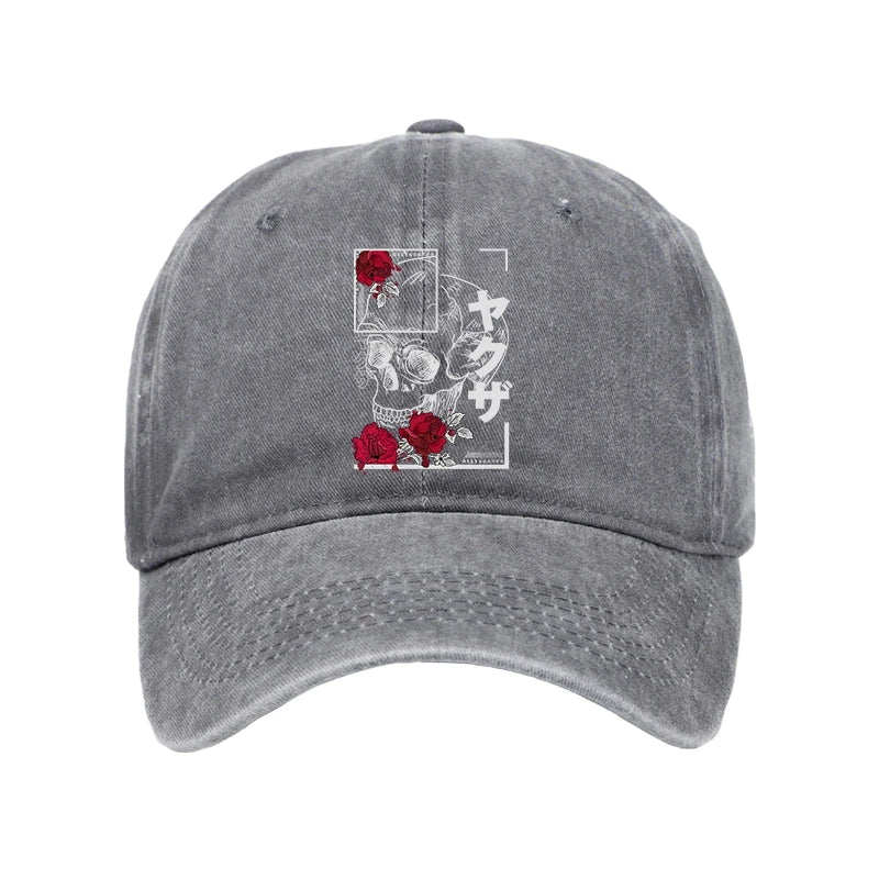 Skull Roses Japanese Aesthetic Washed Cap