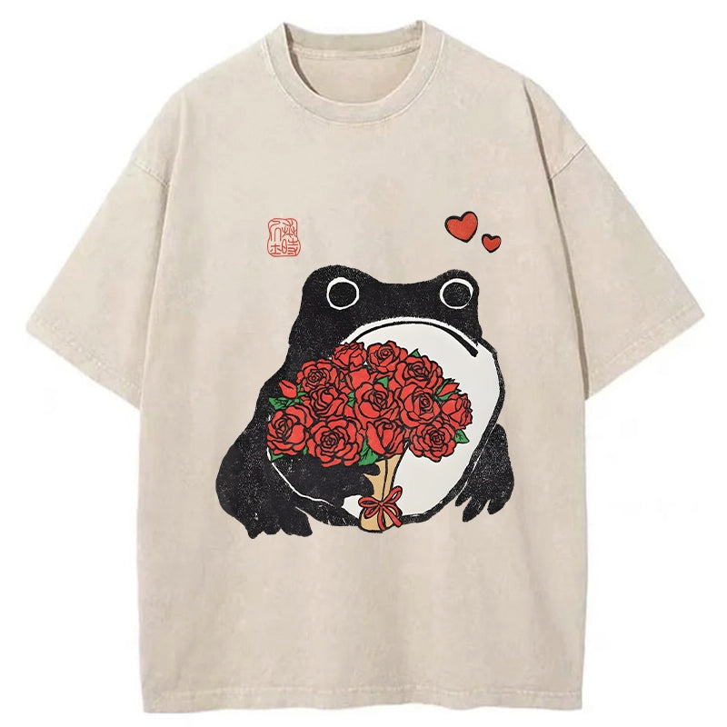 Romantic Frog Holding Roses Washed T-Shirt