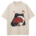 Romantic Frog Holding Roses Washed T-Shirt