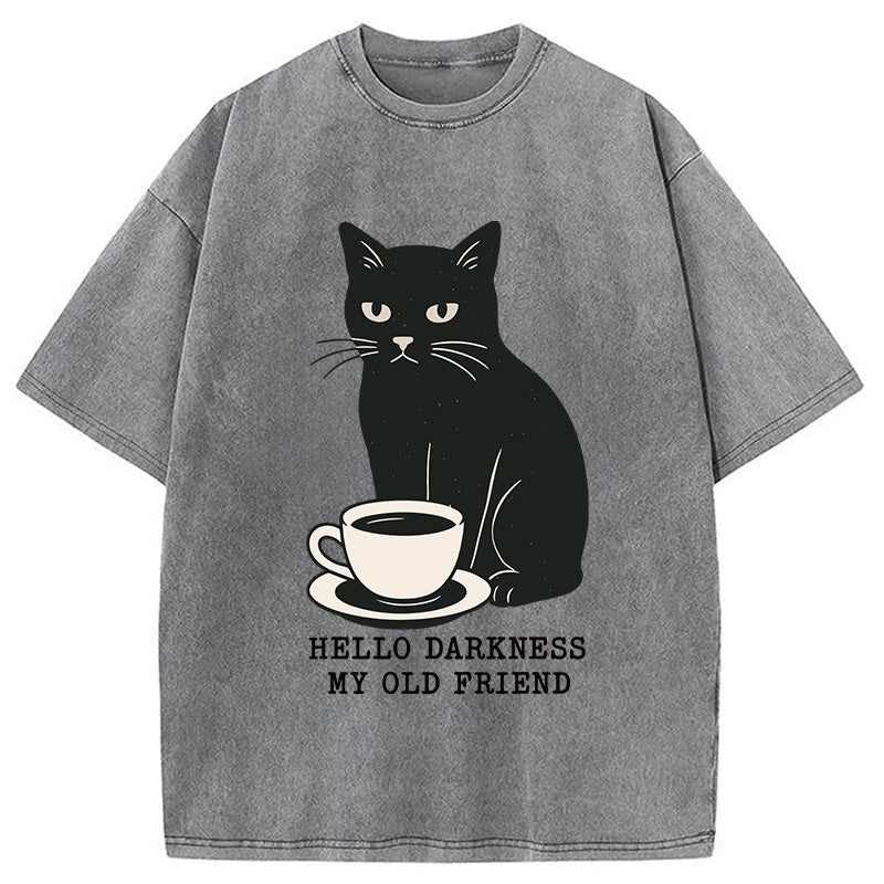 Black Cat Drinking Coffee Washed T-Shirt