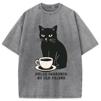 Black Cat Drinking Coffee Washed T-Shirt