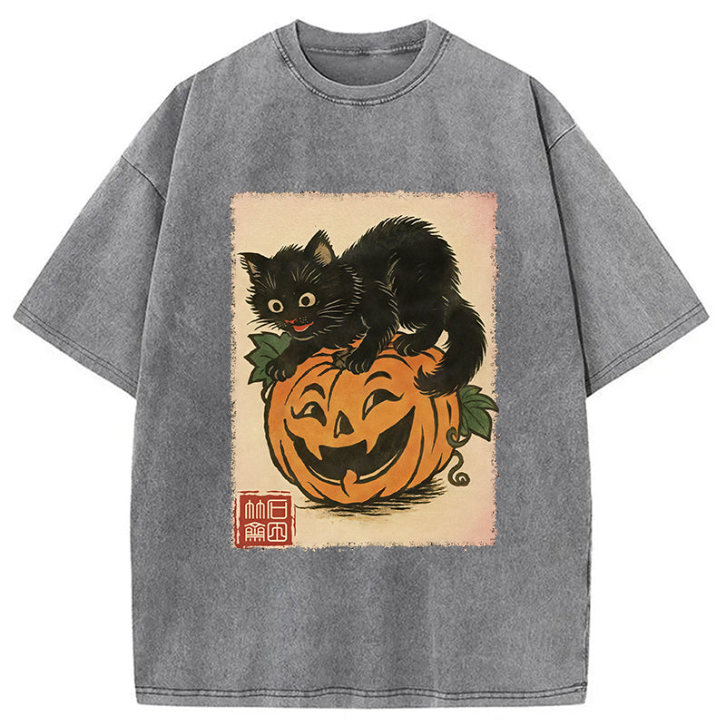 Black Cat And Pumpkin Washed T-Shirt