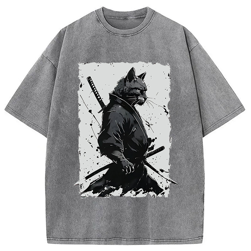 Handsome Samurai Cat Washed T-Shirt
