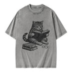 Unisex Cat Reading Book Printed Washed Tee