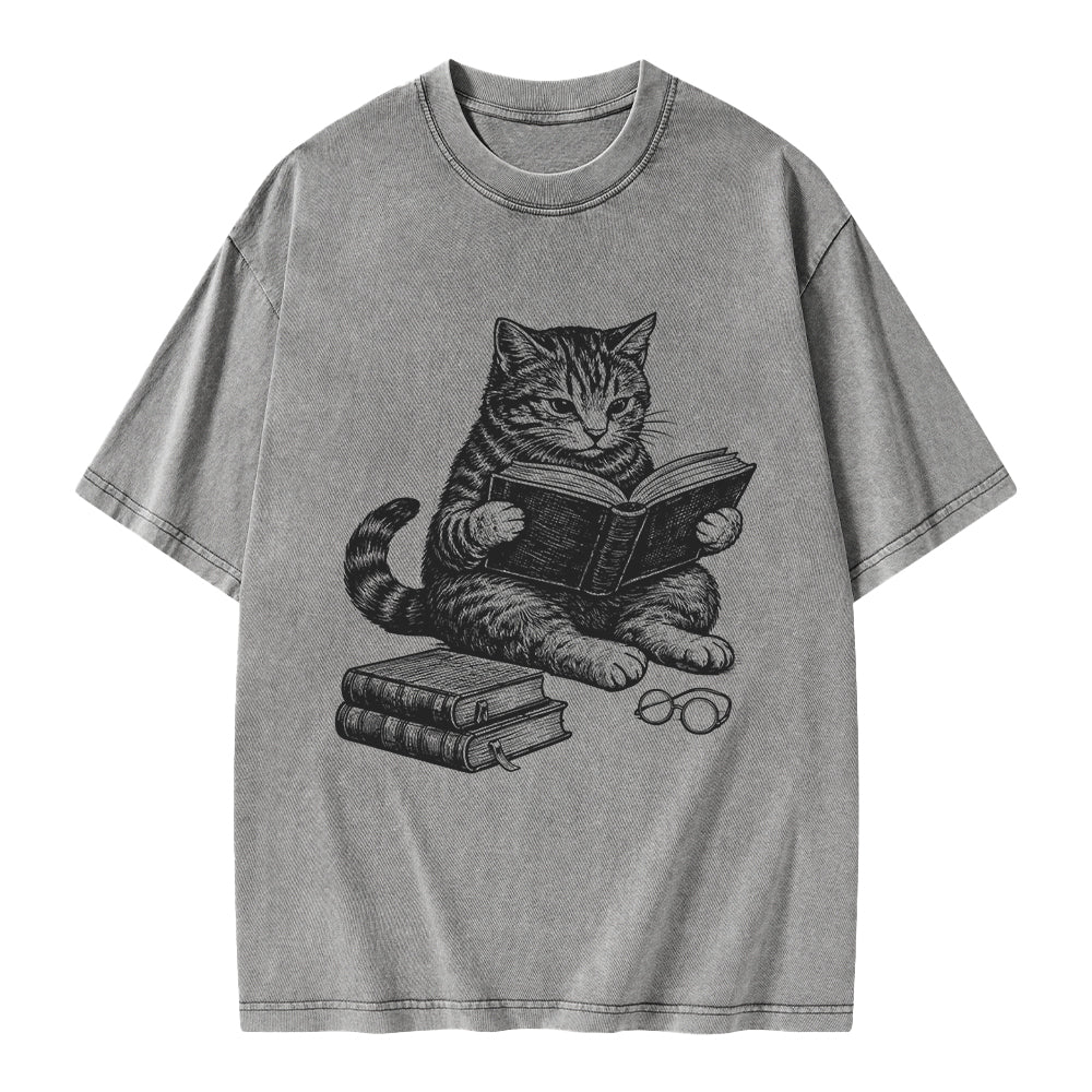 Unisex Cat Reading Book Printed Washed Tee