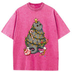 Unisex Christmas Decoration Cat Washed T-Shirt