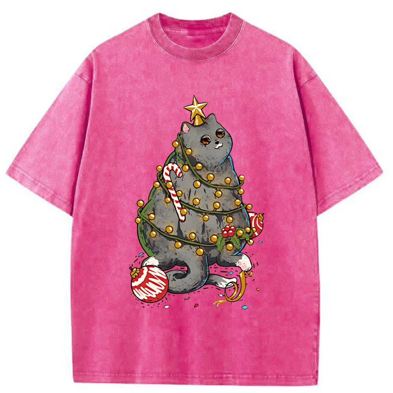 Unisex Christmas Decoration Cat Washed T-Shirt