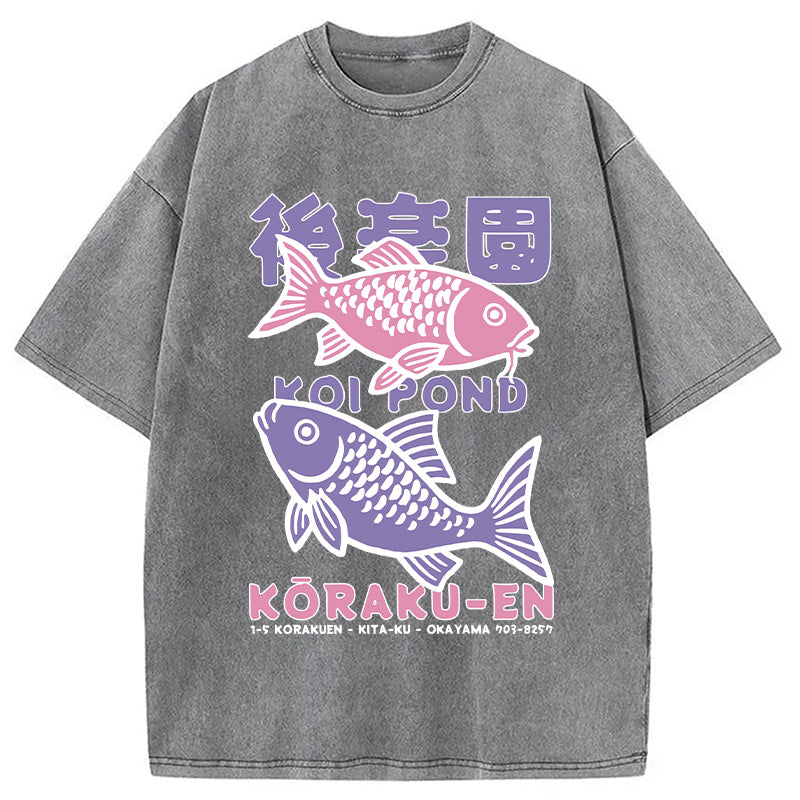 Koi Fish Pond Japanese Washed T-Shirt