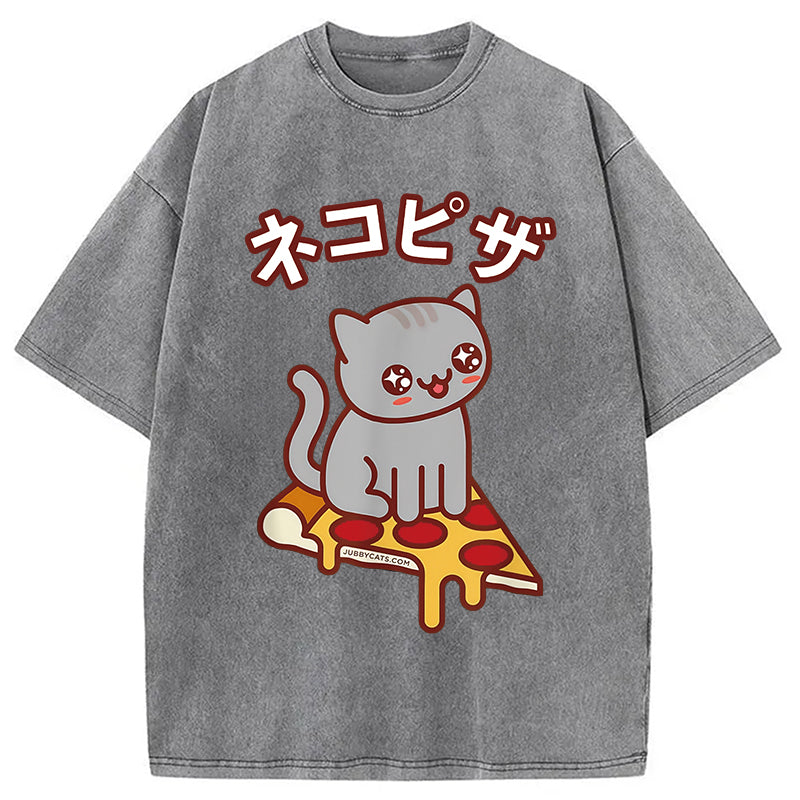 Super Kawaii Japanese Pizza Cat Washed T-Shirt