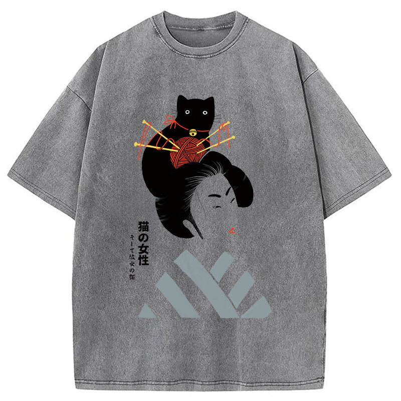 Geisha And Cat Washed T-Shirt