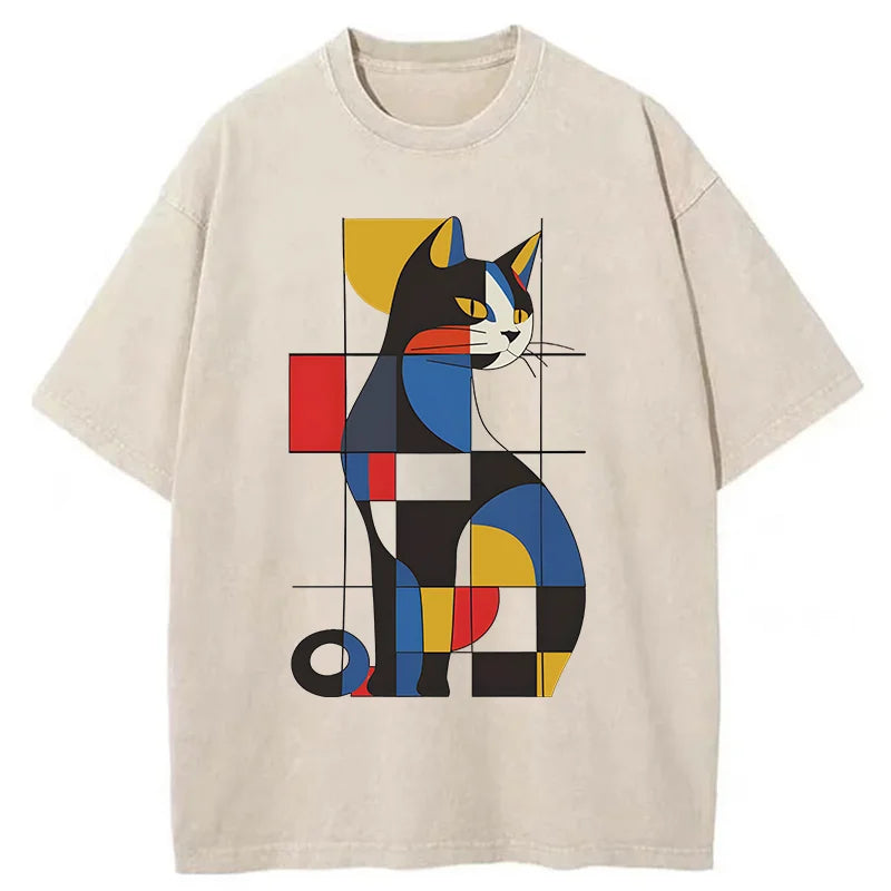 Unisex Mondrian Cat Washed T-Shirt
