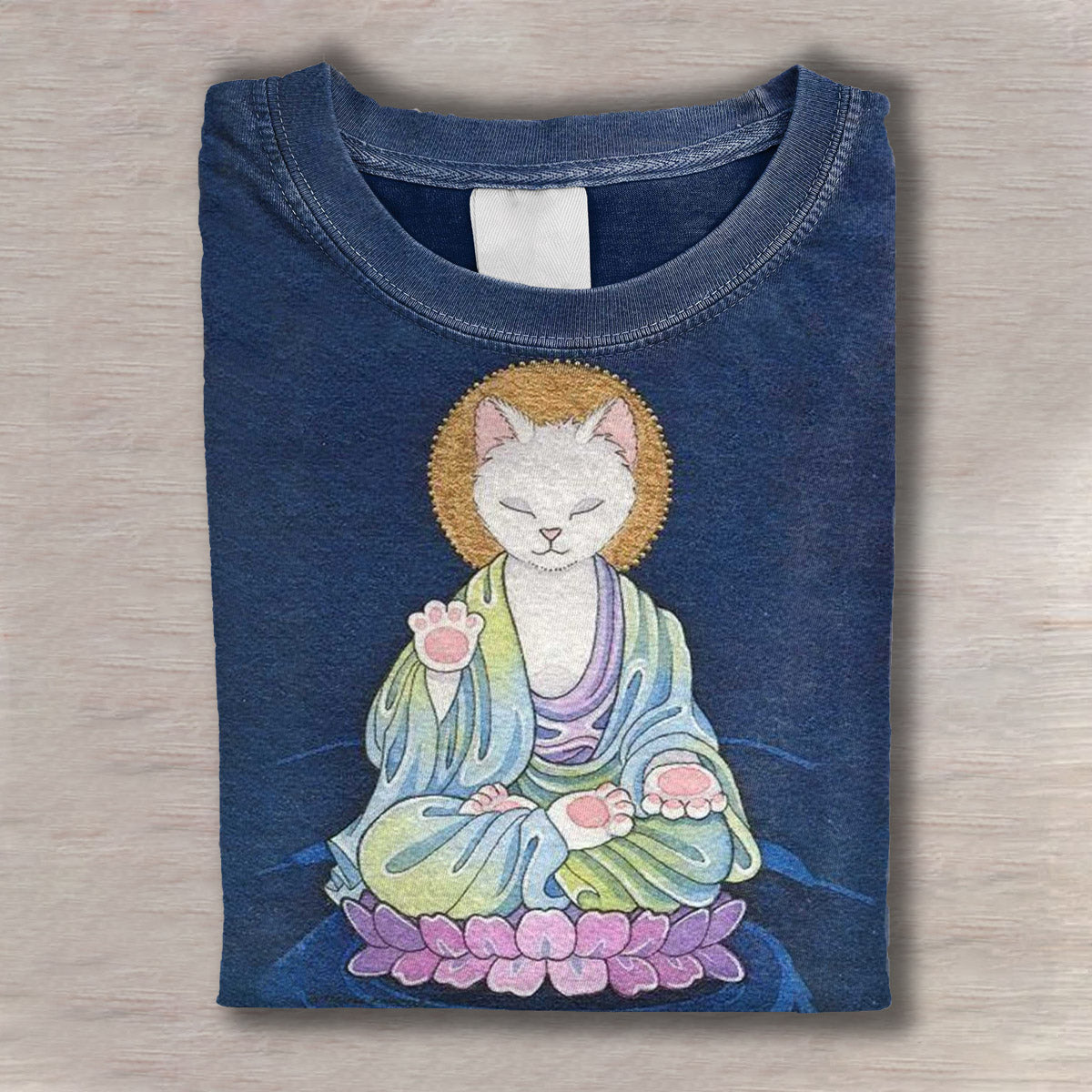Cat Buddha Art Print Casaul Short Sleeve T-shirt