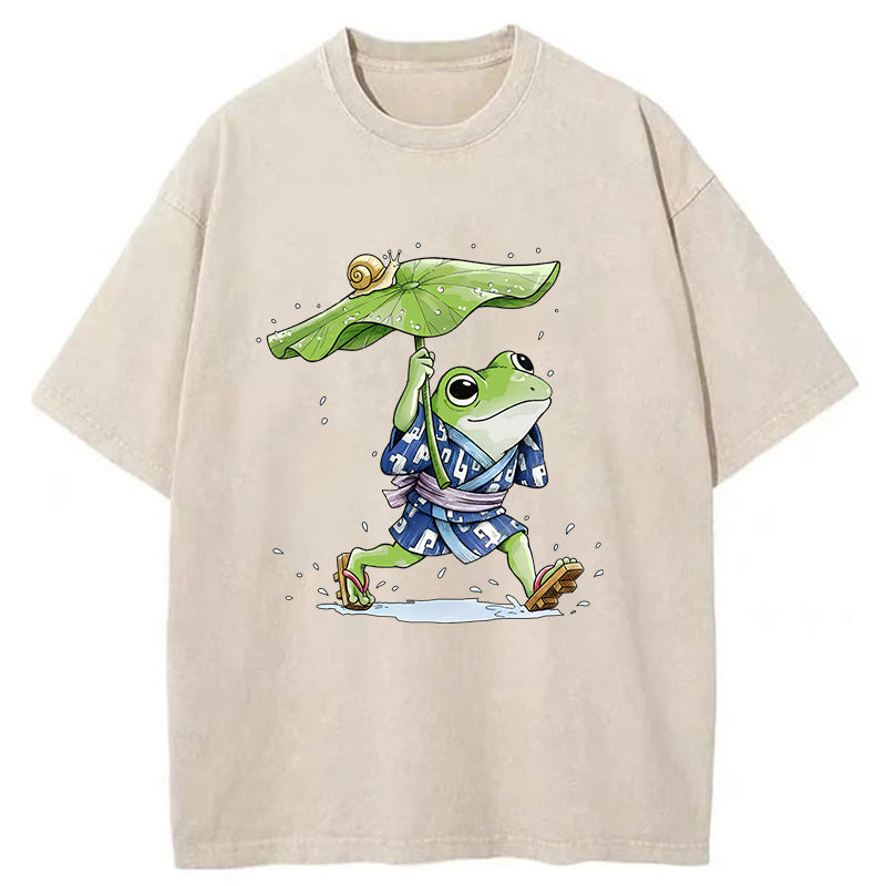 Unisex Frog Seeking Shelter From The Rain Washed T-Shirt