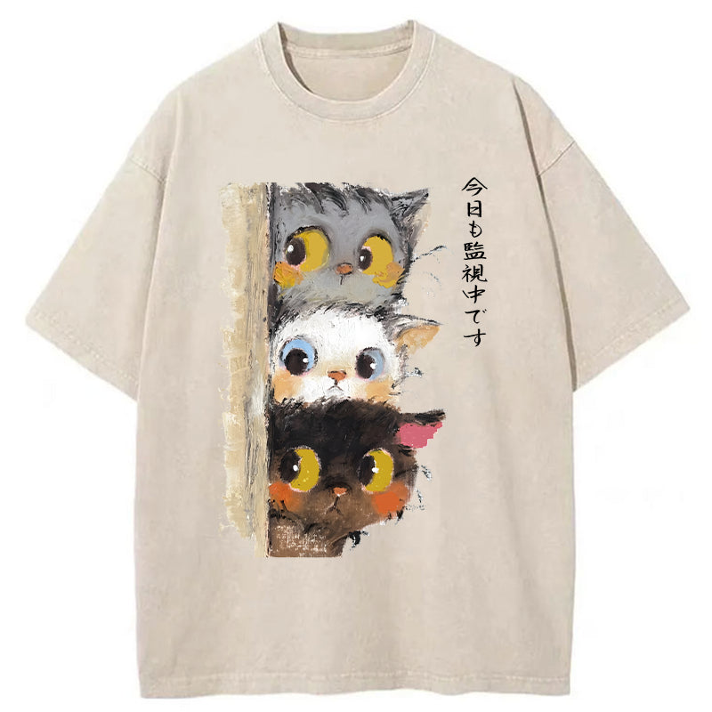 Unisex Three Cats Secretly Monitor Their Owner Washed T-Shirt