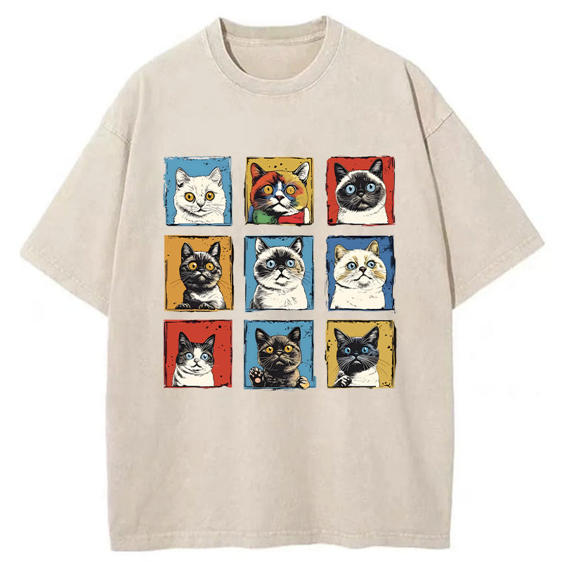 Unisex Pop Art Cat Washed T-Shirt
