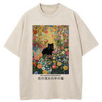 Unisex Black Cat In The Flower Bushes Washed T-Shirt