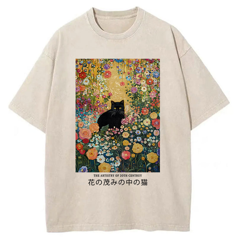 Unisex Black Cat In The Flower Bushes Washed T-Shirt