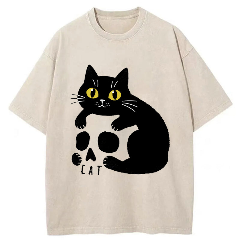 Unisex Cat And Skull Japan Washed T-Shirt