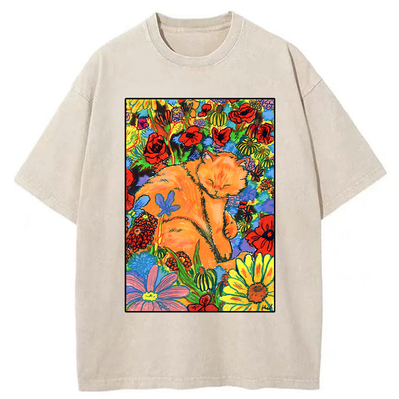 Unisex Colorful Orange Cats And Flowers Washed T-Shirt