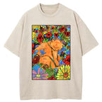 Unisex Colorful Orange Cats And Flowers Washed T-Shirt