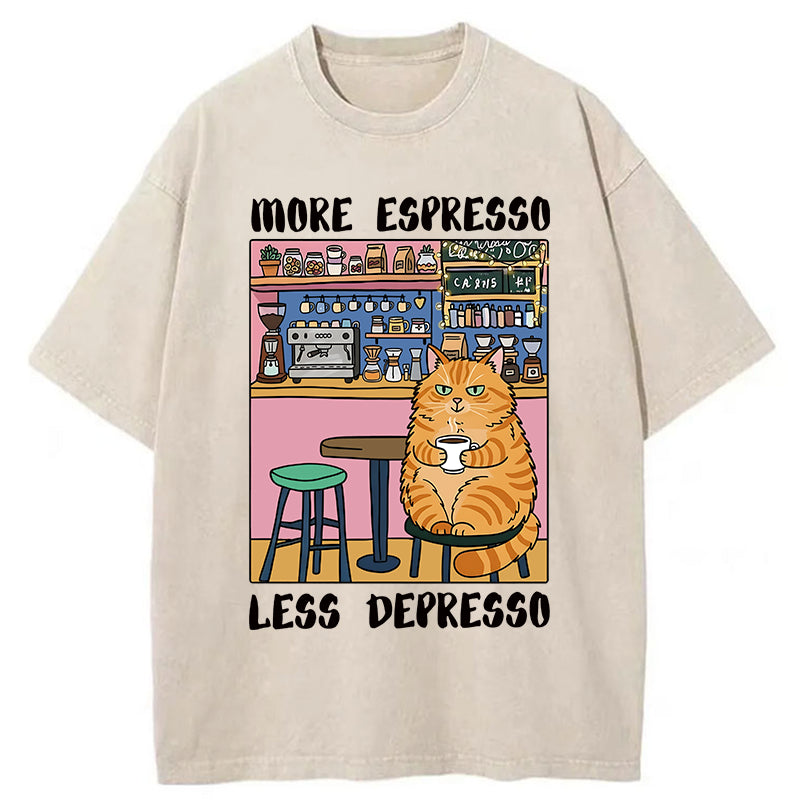 Unisex Orange Cat Drinking Espresso Washed T-Shirt