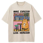Unisex Orange Cat Drinking Espresso Washed T-Shirt