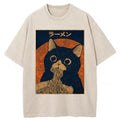 Unisex Retro Black Cat Eats Delicious Ramen Washed T-Shirt