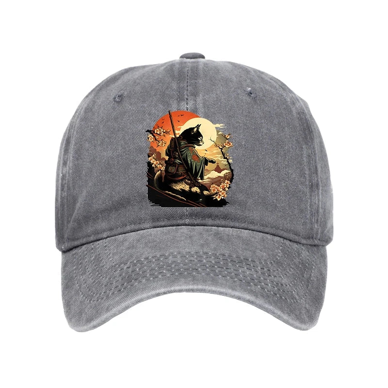 Cat Ninja Ukiyo-e Anime Style Samurai Washed Cap