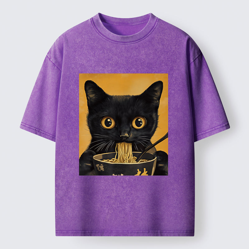 Unisex Cute Black Cat Eating A Big Bowl Of Ramen Washed T-Shirt