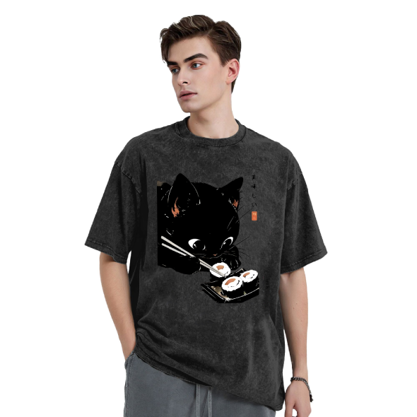 Cat Eating Rice Balls Washed T-Shirt