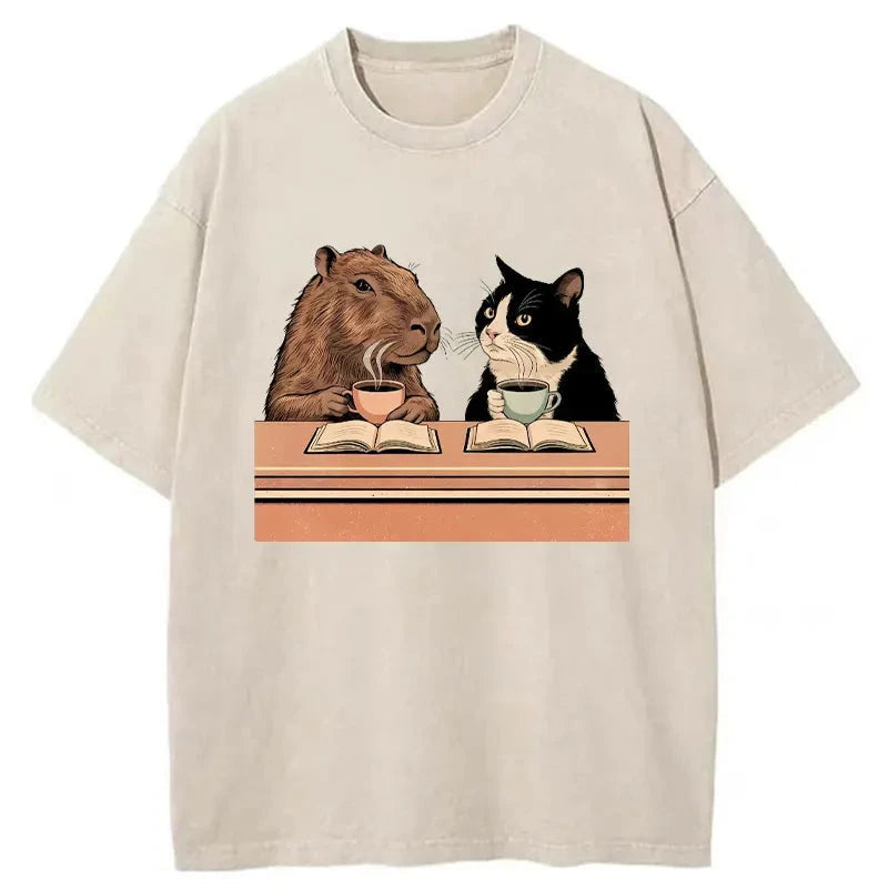 Capybara And Cat Talk Washed T-Shirt