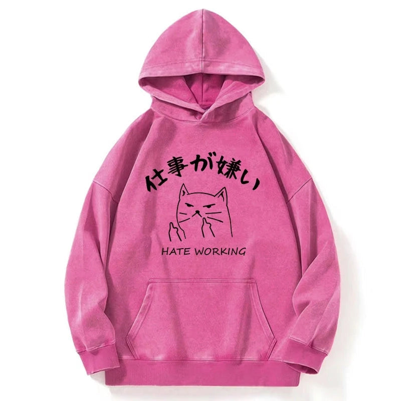 A Cat That Hates Work Washed Hoodie