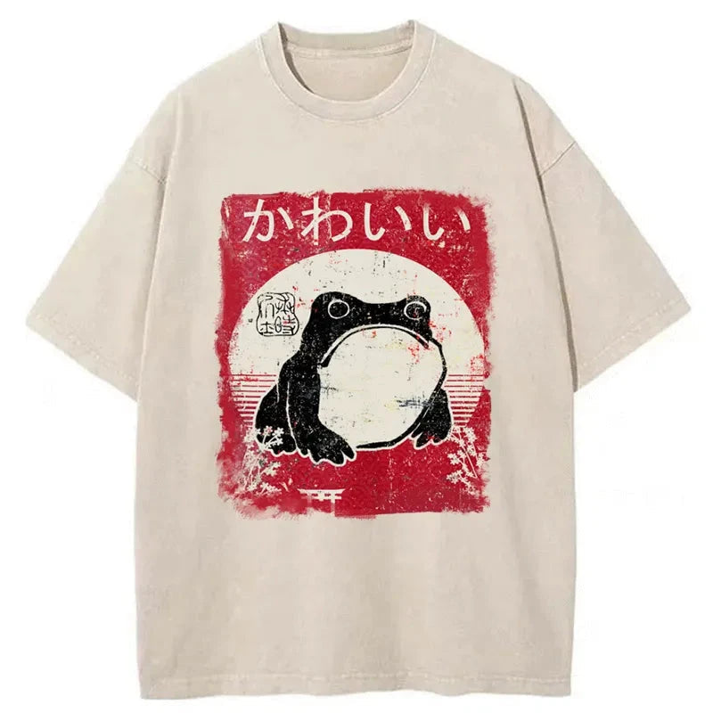 Woodblock Print Grumpy Frog Washed T-Shirt