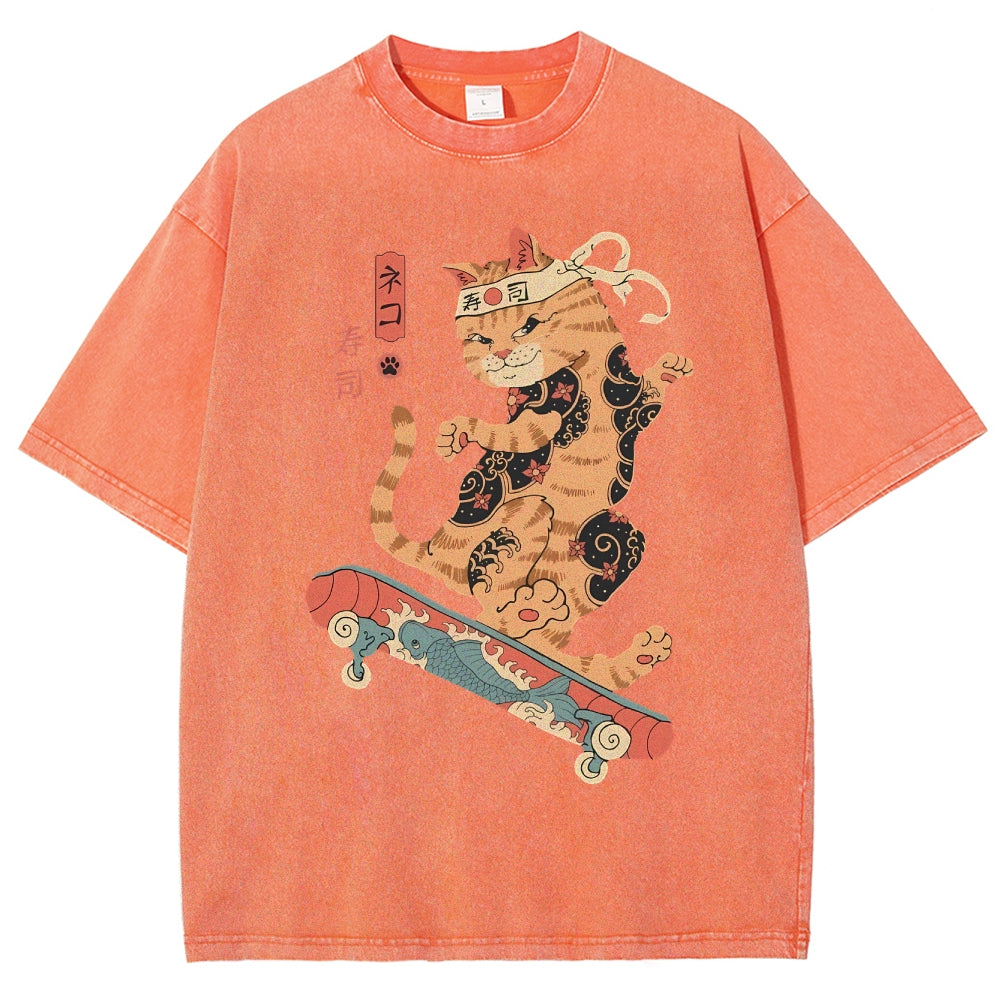 Skate Cat Washed Vintage Short Sleeves T-Shirt