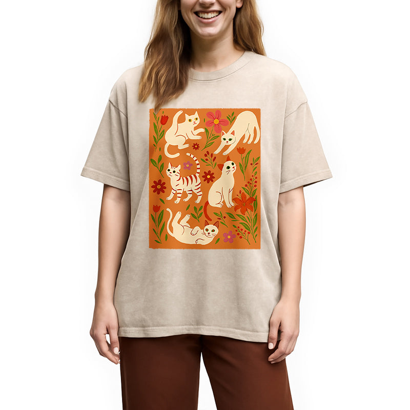 Cats And Flowers Washed T-Shirt