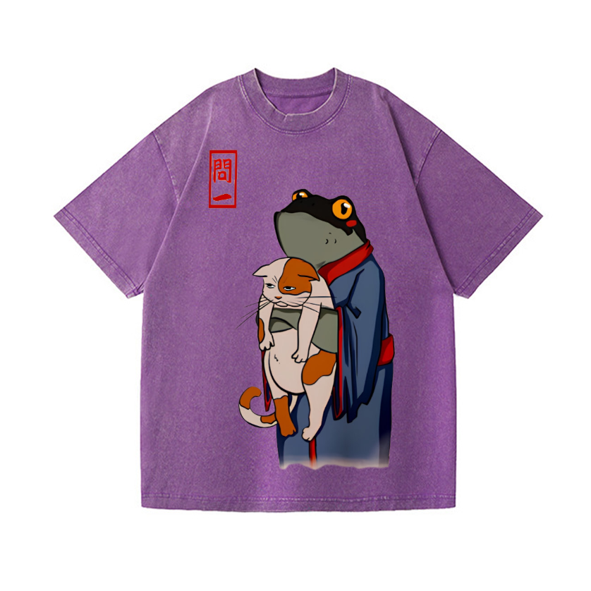 Frog and Cat Vintage Wash Japanese Design T-Shirt