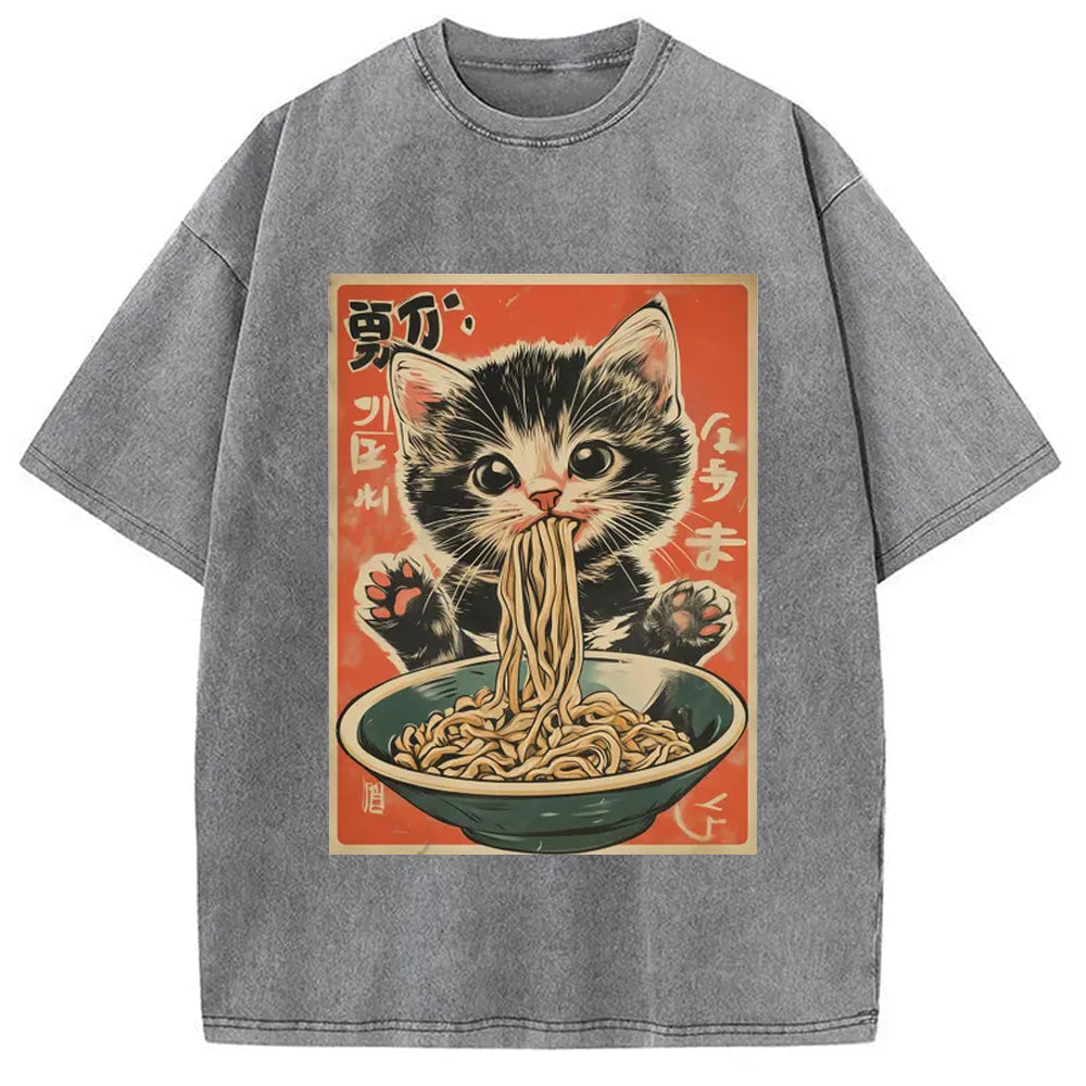 Kawaii Ramen Cat Vintage Japanese Washed T-Shirt