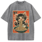 Kawaii Ramen Cat Vintage Japanese Washed T-Shirt